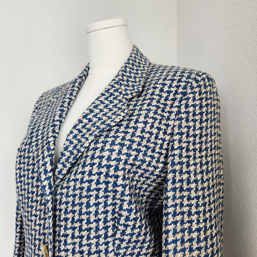 Vintage 90s Houndstooth Tweed Blazer Jacket Cream Blue 3 Button Long Sleeve L - Picture 3 of 13